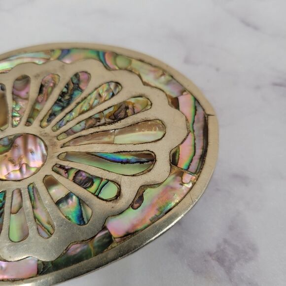 Vintage Belt Buckle Mexico Iridescent Abalone Shell Accent Silver Toned main image 10